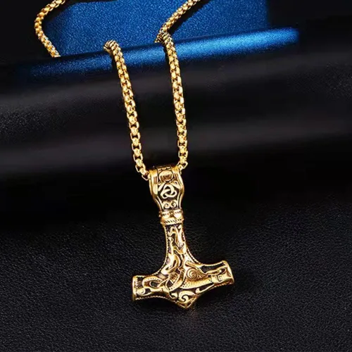Vista 3 de Collar de martillo de Thor vikingo, collar con colgante de amuleto nórdico Mjolnir, joyería de símbolo pagano celta Oro