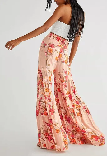 Vista 6 de Timemory Pantalones palazzo de pierna ancha para mujer holgados casuales para playa bohemio estampado floral pantalones bohemios con cinturón