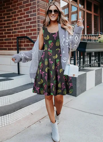 Vista 57 de uideazone - Vestido de mujer sin mangas cuello redondo de verano, para playa, casual, Midi línea A.