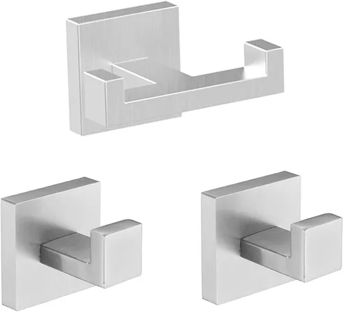 Vista 14 de BOZWELL Ganchos dobles para toallas para baño, montaje en pared de níquel castrado, estilo cuadrado simple y moderno, gancho para bata y abrigo