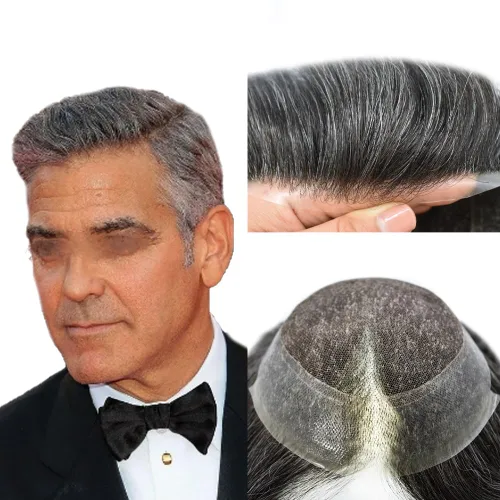 Vista 16 de Sistema de cabello para hombre, tupé de encaje suizo para hombres, piezas de cabello humano real, encaje transpirable, extensiones invisibles de #1B