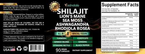 Vista 7 de Adndale Shilajit para hombres y mujeres. Cápsulas puras de Shilajit orgánicas del Himalaya con musgo marino Ashwagandha Rhodiola Rosea melena