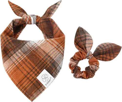 Vista 7 de E-Clover Bandana de Perro a Cuadros Marrón y Scrunchie a Juego - Bandana de Perro de Otoño Triangular a Cuadros Bufanda Babero para Mascotas