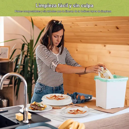 Vista 6 de Fuyit 250 platos de papel compostables con juego de cubiertos, utensilios desechables biodegradables largos ecológicos incluye platos, tenedor Juego