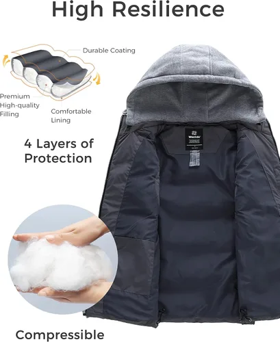Vista 3 de wantdo Chaleco de invierno acolchado para hombre, chaqueta sin mangas gruesa con capucha desmontable