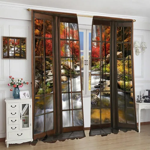 Vista 221 de Cortinas de paisaje, ventana 3D, primavera, bosque, vida silvestre, paisajes de naturaleza, dormitorio, sala de estar, cortinas térmicas opacas de 2
