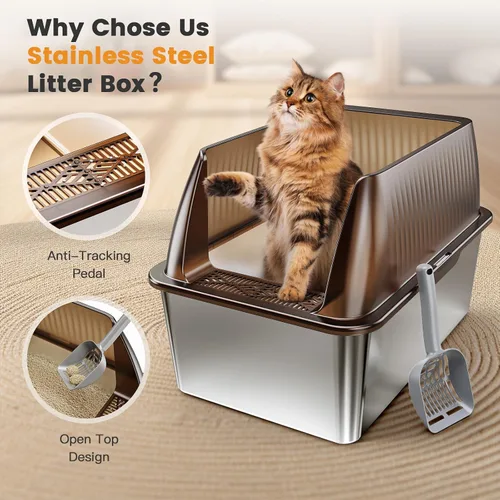 Vista 4 de Tripamin Caja de arena para gatos de acero inoxidable XL de 15 pulgadas, lados altos XXL de acero inoxidable con tapa, caja de arena de metal