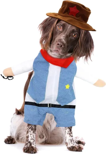 Vista 10 de NACOCO Disfraz de vaquero de Halloween para perro, ropa para mascotas, disfraces con sombrero para perro y gato, color azul (S)
