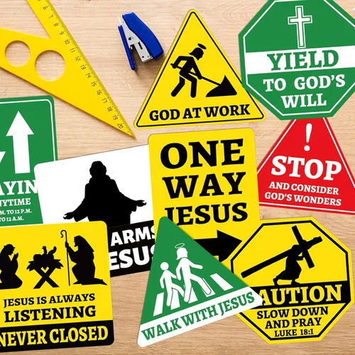 Vista 3 de 27 piezas de recortes religiosos de Jesús VBS Construcción Tráfico Señal de tráfico para Jesús, cumpleaños, aula, tablón de anuncios, decoración