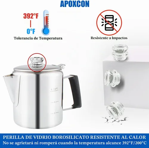 Vista 5 de Cafetera Percoladora Multiuso de Acero Inoxidable para Estufa con Dos Perillas de Vidrio Borosilicato Resistente Mango de Sílice Cafetera