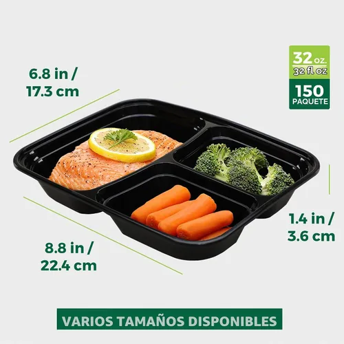 Vista 4 de Freshware Contenedores de preparación de comidas [paquete de 150] 3 compartimentos con tapas, recipientes de alimentos, lonchera, apilables, caja
