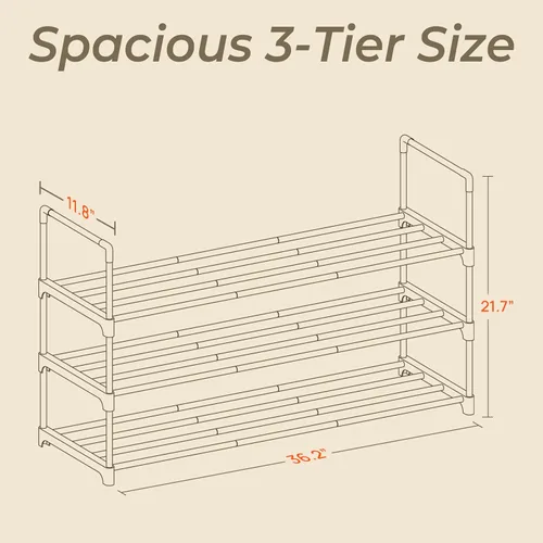 Vista 2 de Zapatero negro de 3 niveles, estante grande de 36 pulgadas con capacidad para 15 pares de zapatos, zapatero resistente para entrada, dormitorio