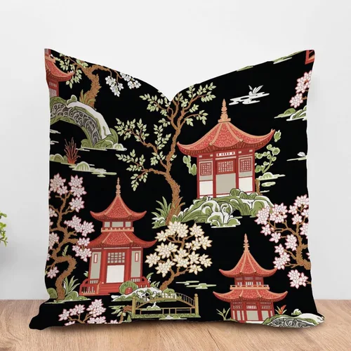 Vista 14 de ArogGeld Funda de cojín con flores verdes y blancas con flores grises y negras y hojas verdes en estilo chinoiserie, funda de almohada cuadrada
