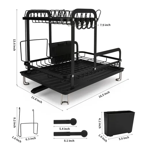 Vista 2 de Escurridor de platos, 16.5 x 11.8 x 13.6 pulgadas, colador de 2 niveles sobre el fregadero, gran capacidad con escurridor y soporte para utensilios