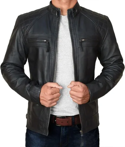 Vista 3 de STOREJEES Chaqueta de cuero para motocicleta para hombre, color negro, ajuste delgado, color marrón, estilo Moto Racer, moda atemporal para hombre