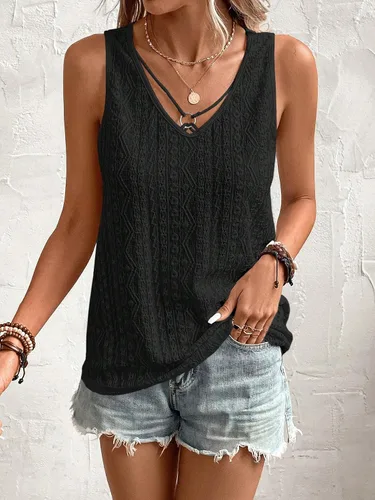 Vista 4 de SweatyRocks Camiseta sin mangas con cuello en V para mujer, con bordado, con ojales