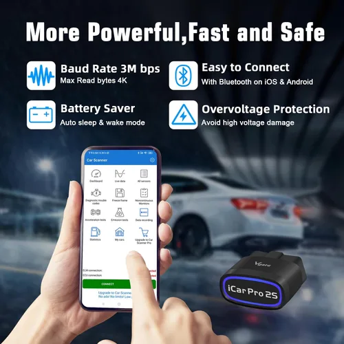Vista 4 de iCar Pro 2S OBD2 Adaptador Bluetooth Comprobación motor lector de código de vehículo Herramientas de diagnóstico para iOS y Android y Windows Hecho