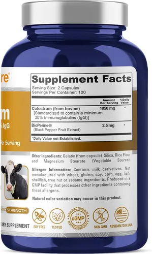 Vista 3 de NusaPure Calostro 1050 mg 30% IgG 200 cápsulas (sin OMG y sin gluten) con bioperina Dietary Supplement Formula, Colostrum, 30% IgG, BioPerine