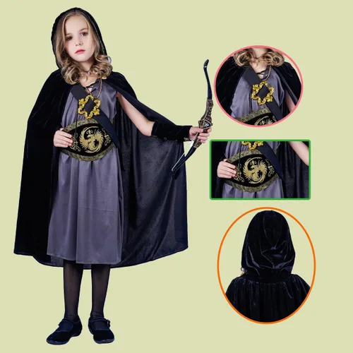 Vista 3 de DSplay Disfraz de cazadora con capucha para niñas, juego de rol, disfraz de fiesta de Halloween