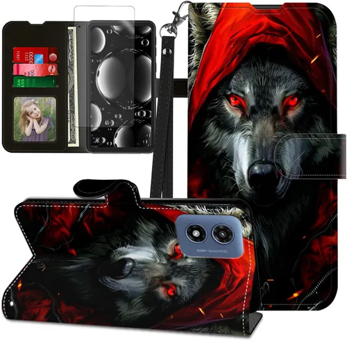 Vista 150 de Funda para Motorola Edge 2022 con protector de pantalla, soporte y tarjetero y correa para la muñeca, funda magnética para Moto Edge 2022 5G UW Lobo