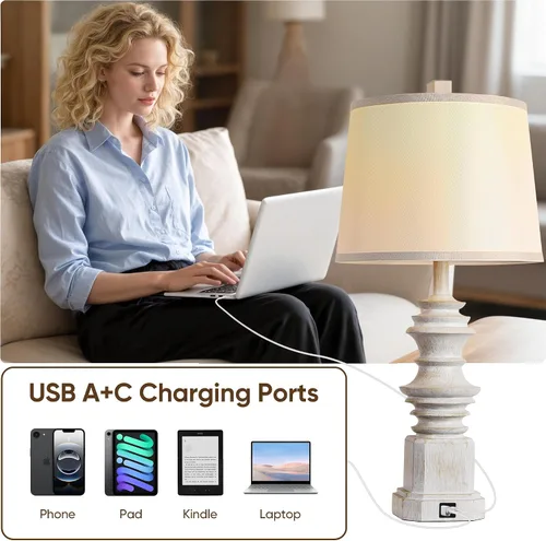 Vista 6 de QiMH - Juego de 2 lámparas de mesa para mesita de noche, lámpara de noche con dos puertos de carga USB, lámparas de mesa de decoración de granja