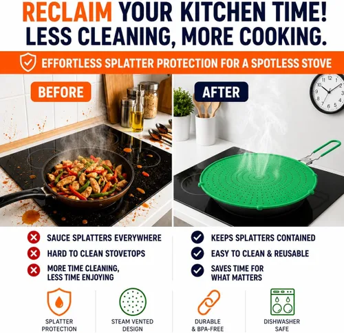 Vista 2 de Pantalla contra salpicaduras de silicona para sartén Verde 13" No más salpicaduras de aceite Mango plegable con fundas, resistente al calor