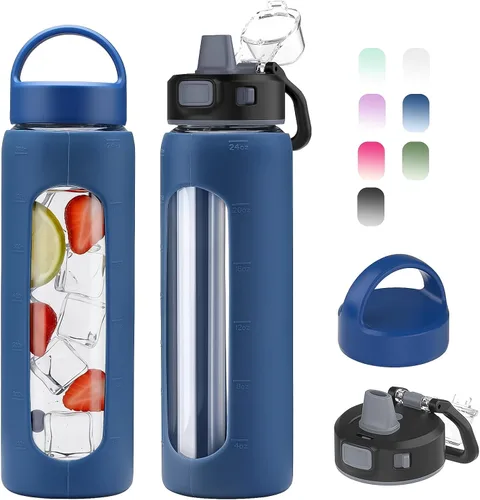 Vista 23 de Kodrine - Botella de agua de vidrio de 20 onzas con popote y 2 tapas para fácil transporte, con asa, funda de silicona y marcador de tiempo, botella