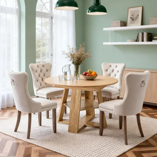 Vista 29 de Juego de 4 mesas de comedor redondas de 5 piezas para 4, 43.3 a 59 pulgadas, extensibles, redondas a ovaladas, juego de 4, mesas de comedor de Mesa