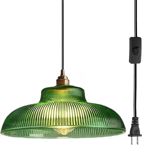 Vista 11 de Lámpara colgante enchufable de cristal azul, lámpara colgante dorada de altura ajustable con interruptor de encendido/apagado de cable de 14.7 pies