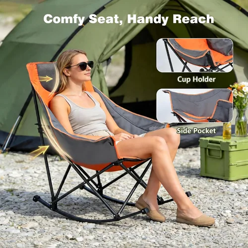 Vista 4 de SUNNYFEEL Silla Mecedora de Camping, Reclinable Acolchada de Lujo, Silla Plegable de Jardín de Gran Tamaño con Bolsillo, Resistente para Naranja