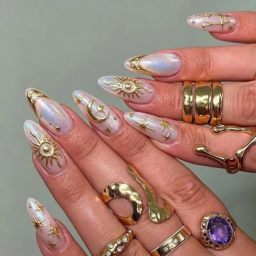 Vista 12 de Uñas postizas largas a presión con forma de almendra, color azul Seeneey