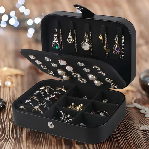 Vista 7 de Joyero de viaje, estuche de joyería de viaje mejorado, joyeros portátiles para mujeres, caja de joyería de piel sintética, organizador de joyas