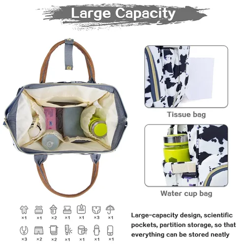Vista 5 de Mochila para pañales, bolsa impermeable para el cuidado del bebé, bolsa cambiadora de pañales para bebé de viaje (vaca)