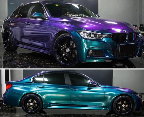Vista 7 de LZLRUN Adhesivo de vinilo brillante brillante de color azul camaleón a morado con purpurina para interior del automóvil, lámina de cambio