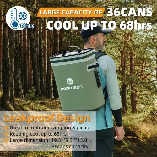 Vista 3 de ROCKBROS Enfriador de mochila a prueba de fugas, enfriador de lados suaves, impermeable, aislada, bolsa enfriadora para 36 latas, enfriador suave