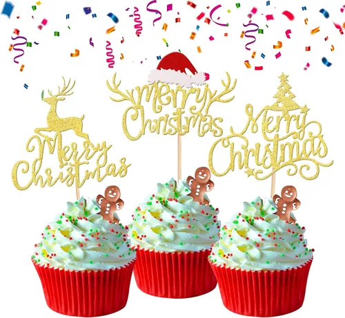 Vista 15 de Rsstarxi Paquete de 24 Adornos para Cupcakes Oh Baby de Navidad con Purpurina, Sombreros de Navidad, Palillos para Cupcakes de Baby Shower para Baby