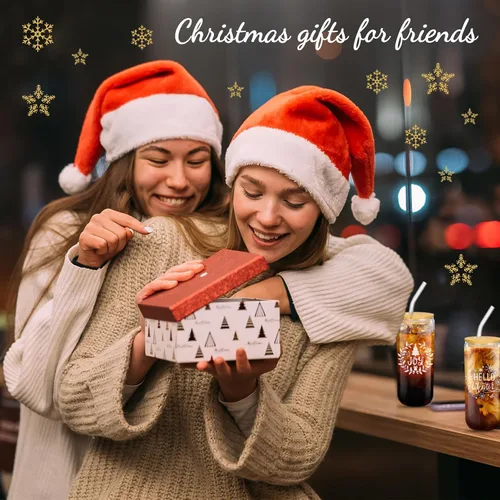 Vista 6 de meekoo 8 vasos de Navidad a granel, vasos de vidrio de Navidad de 16 onzas con tapas y pajitas, vasos de Navidad transparentes para café helado
