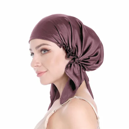 Vista 10 de SissiLita Gorro de seda 100% para dormir con banda de corbata, gorro de dormir grande para cabello rizado, envoltura para el cabello para el cuidado