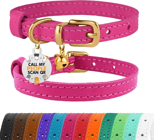 Vista 33 de BRONZEDOG Collar de cuero para gato con campanas extraíbles sin liberación rápida, etiqueta QR para gatito para niña y niño