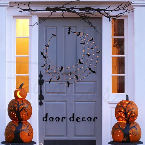 Vista 9 de Fudios Guirnalda de Halloween iluminada para decoración de pared, guirnalda de luces negras con temporizador, naranja o blanco cálido, 80 LED de 6
