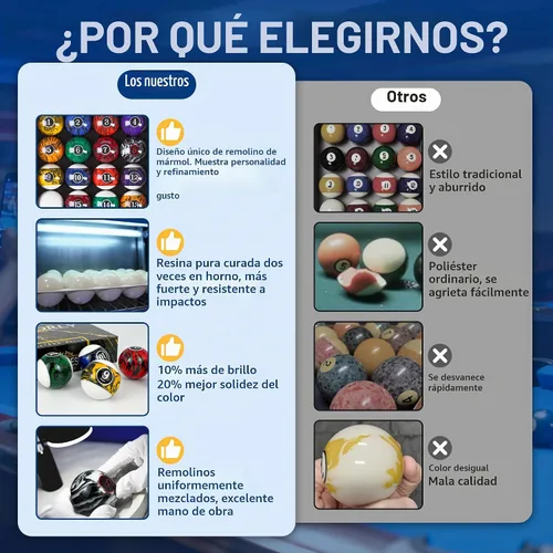 Vista 2 de Juego de bolas de billar de 2-1/4" de tamaño reglamentario, peso profesional de 6 oz, resina pura de grado AAA, bolas de mesa de billar