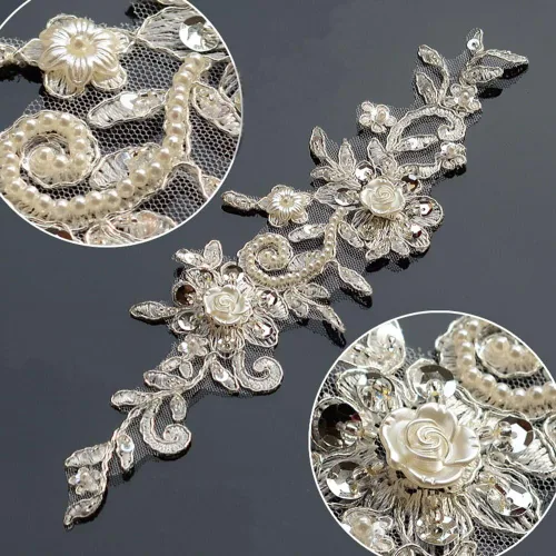 Vista 2 de Bling Paillette - Apliques de encaje con cuentas de perlas para novia, parche de costura para bricolaje, cinturón de boda, zapatos, marfil (2 piezas)