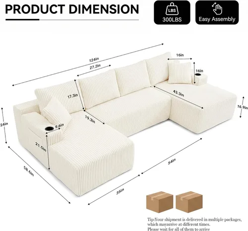 Vista 2 de Sofá cama modular de 124 pulgadas, sofá de nube sin hueso para sala de estar, sofá de 5 asientos en forma de U con 2 bolsillos de almacenamiento y 2