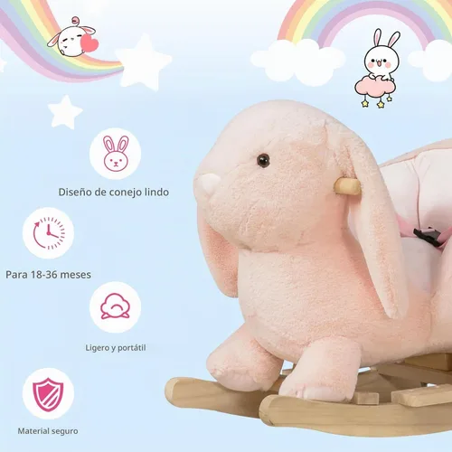 Vista 5 de Qaba Caballo mecedor para bebé, conejo de peluche con sonido simulado, base de madera, cinturón de seguridad, mecedora de relleno para niños de 18 a