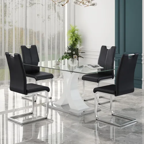 Vista 15 de Juego de comedor moderno de vidrio de lujo de 5 piezas, juego de cena rectangular minimalista grande para 4, juego de mesa de cocina de vidrio