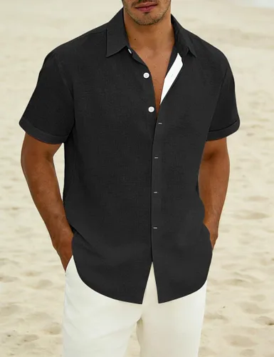 Vista 3 de Camisas de lino con botones para hombre, camisa casual de manga corta, sin pliegues, vestido de boda de verano, camisa de vacaciones en la playa