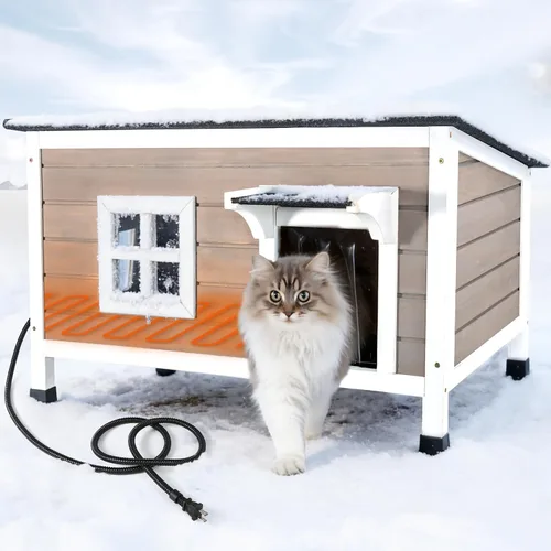 Vista 8 de Gran casa para gatos al aire libre con calefacción para invierno, refugio para gatos aislado resistente a la intemperie con techo inclinado, puerta