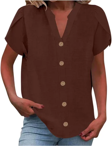 Vista 25 de Camisetas de verano para mujer, de manga corta, pétalos, de lino, con bolsillo, casual, con botones, blusas básicas