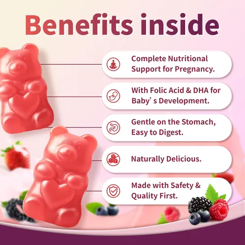 Vista 3 de Gomitas multivitamínicas prenatales para mujeres, ácido fólico, DHA y más, apoyo para el bienestar del embarazo y el desarrollo del bebé, sabor