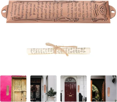Vista 5 de EXCEART Mezuzá con puerta de desplazamiento judía Mitzvah puerta Mezuzah caja de mezuzá de metal placa de mezuza regalo judío Hannukah regalo